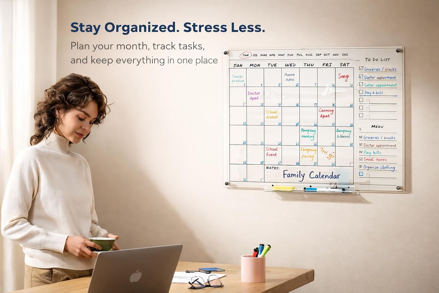 Acrylic Wall Calendar – Medium Clear Dry Erase Wall Calendar 24x18 – Acrylic Monthly Wall Planner for Home, Office & Family – Reusable Transparent Wall Calendar with Markers