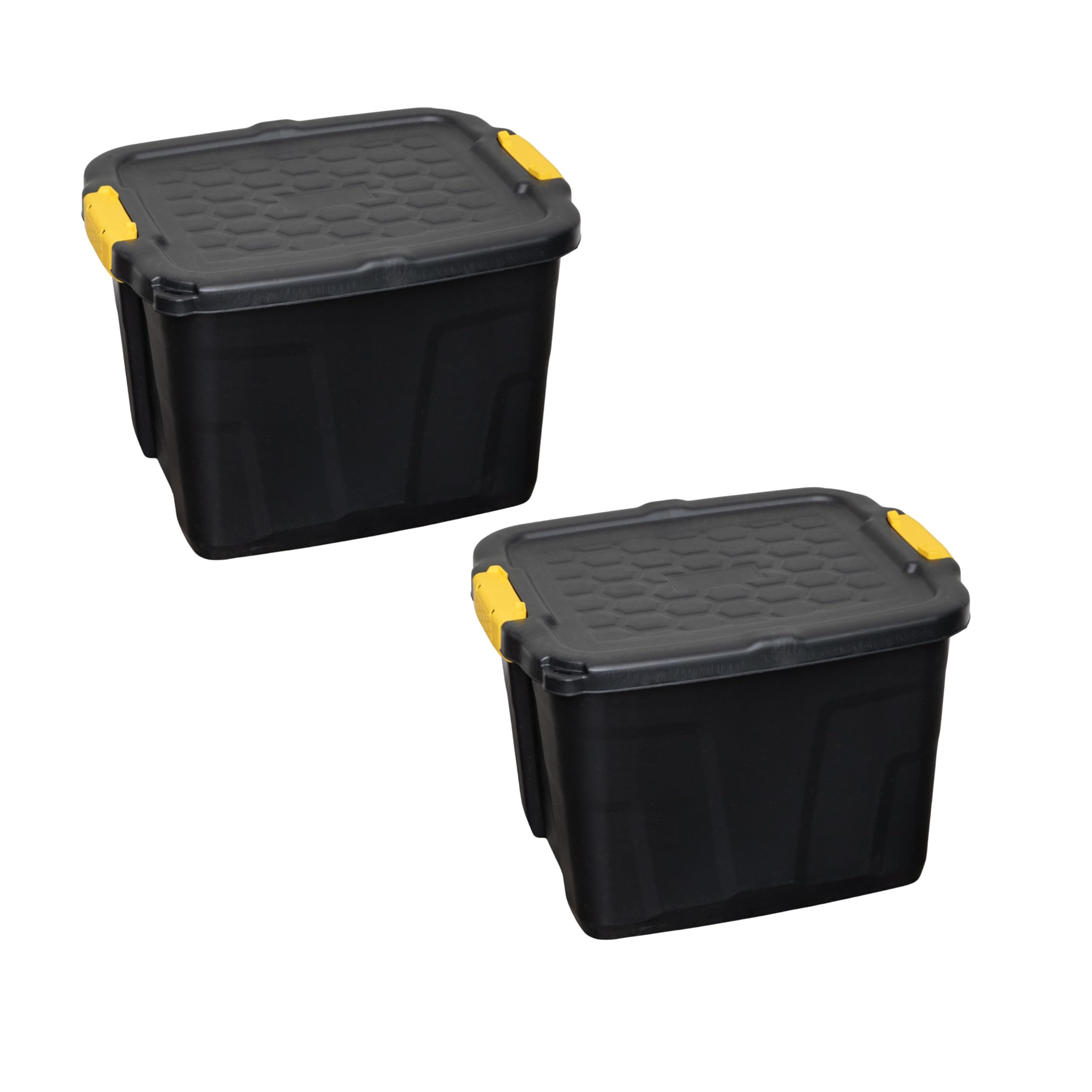 Rackhams Black 2 X 42L Heavy Duty Storage Tubs Sturdy, Lockable, Stackable And Nestable Design Storage Chests With Clips In