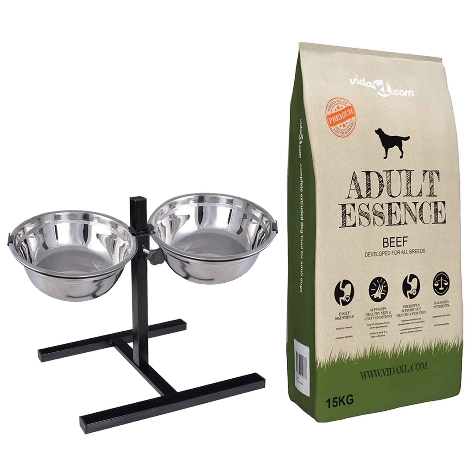 Comedero elevado con cuencos de acero inoxidable, dispensador de agua para perros y gatos, doble estación antideslizante, 4,1 L por cuenco, con 15 kg de comida seca para interior y exterior