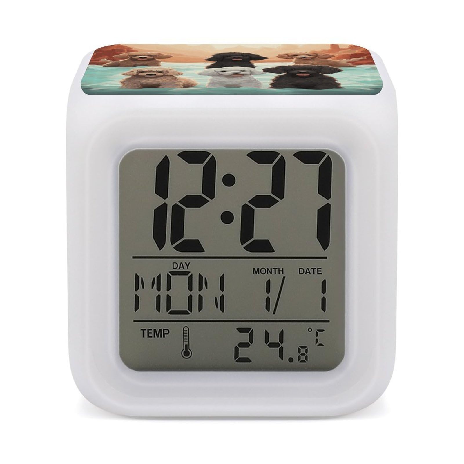 VstaDank Poodles Dogs Alarm Clocks with 7 Color Changing Night Light Exquisite Bedroom Digital Clocks with LED Temperature Display Desk Clock Ok to Wake Clocks for Heavy Sleeper