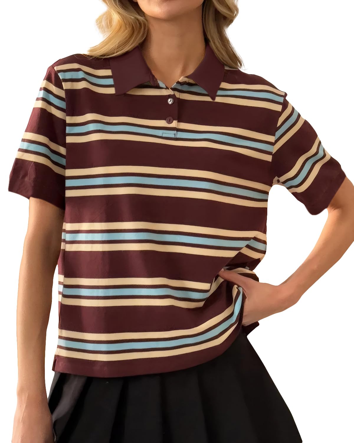 cioatin Women Y2K Striped Colorblock Button Up Polo T-Shirt Short Sleeve Loose Fit Preppy Aesthetic Tee Tops Summer Outfits-picture-17