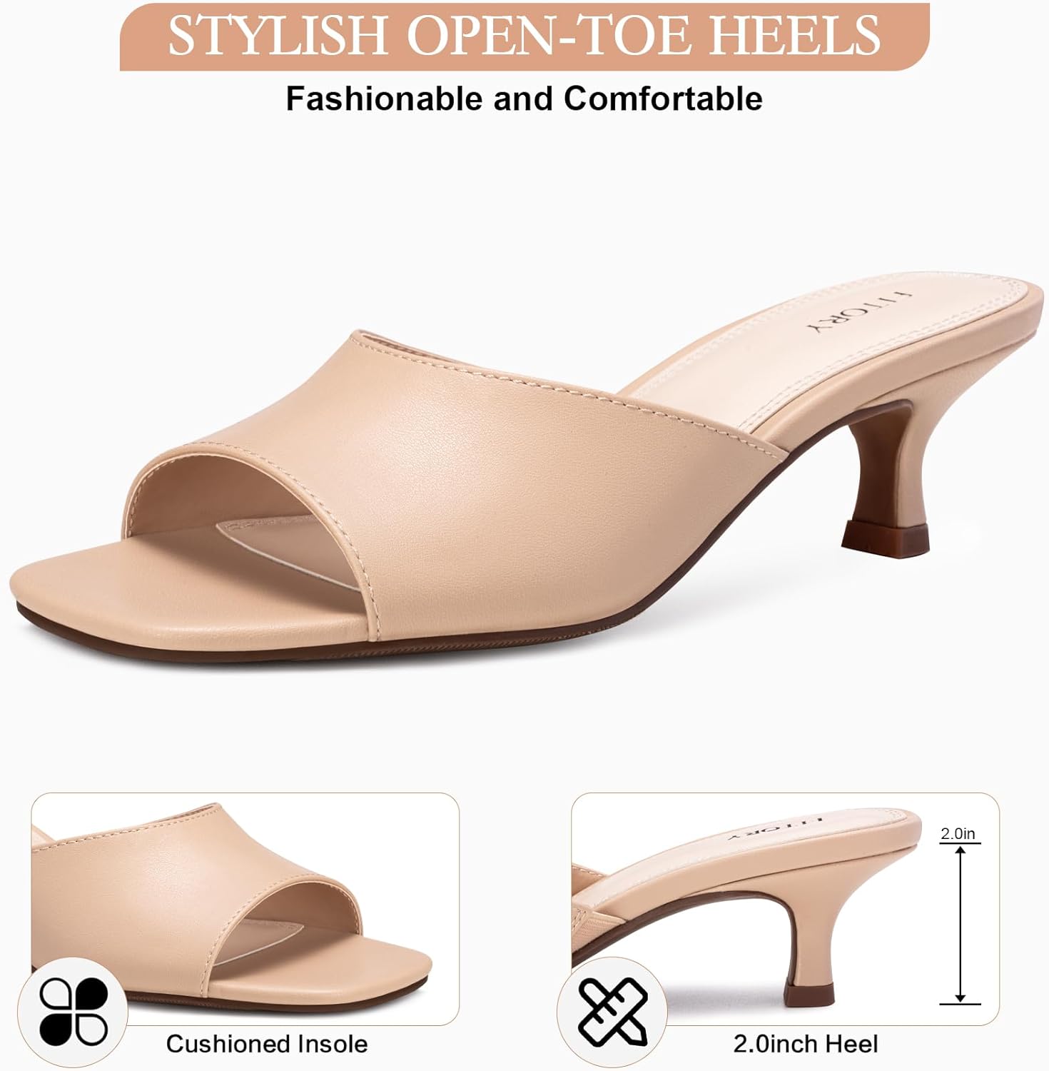 FITORY Womens Kitten Heel Sandals, Square Open Toe Slides with Elastic Strap, Slip-on Dressy Shoes for Daily and Vacation Size 6-11 - Image 5