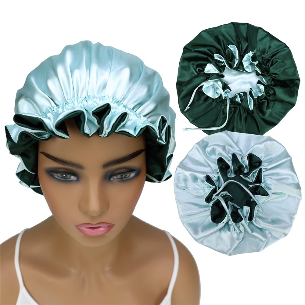 Adjustable Silk Satin Bonnet Hair Care Caps for Women Girls Loose-fitting Reversible Sleeping Cap Shower Caps Hair Wrap Bonnets (007 Aqua/Hunter)