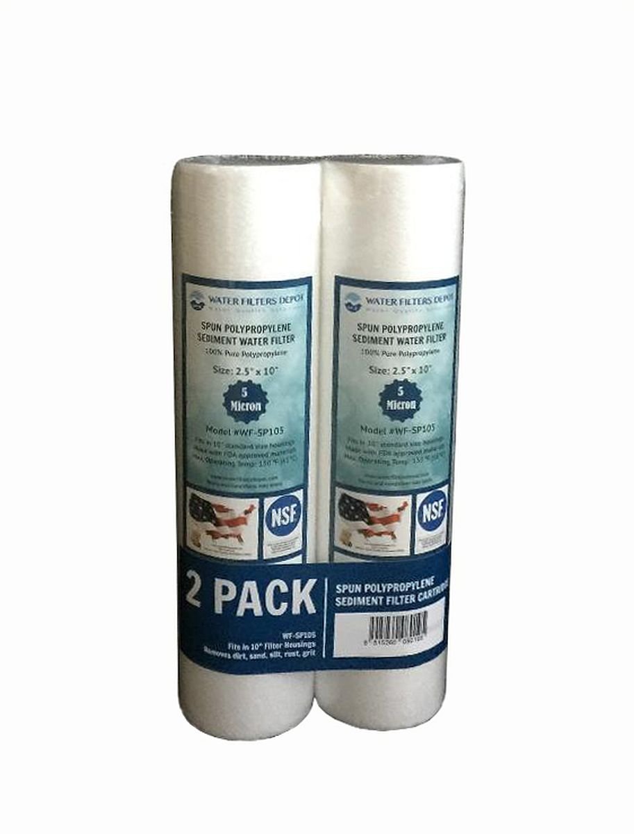WFD, WF-SP105 2.5"x10" 5 Micron Sediment Water Filter Cartridge, Spun Polypropylene, Fits in 10" Standard Size Housings of Undersink RO or Filtration Systems (2 Pack)