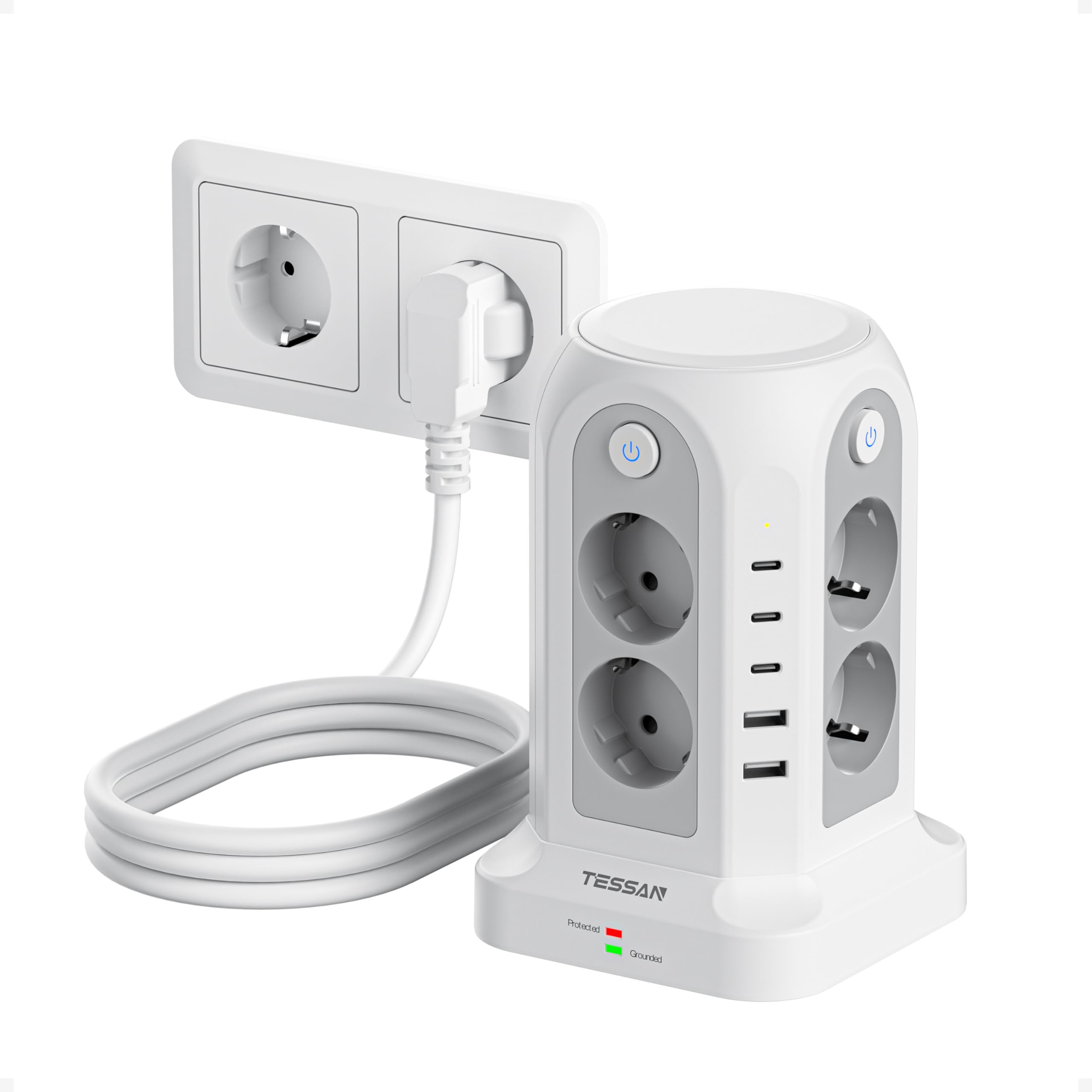 TESSAN Tour Multiprise avec Interrupteurs, Rallonge Electrique 2M, Prise Multiple 3680W avec 8 Sorties AC et 5 Ports USB (2A3C), Multiprise Parafoudre et Surtension pour Bureau et Maison, Gris