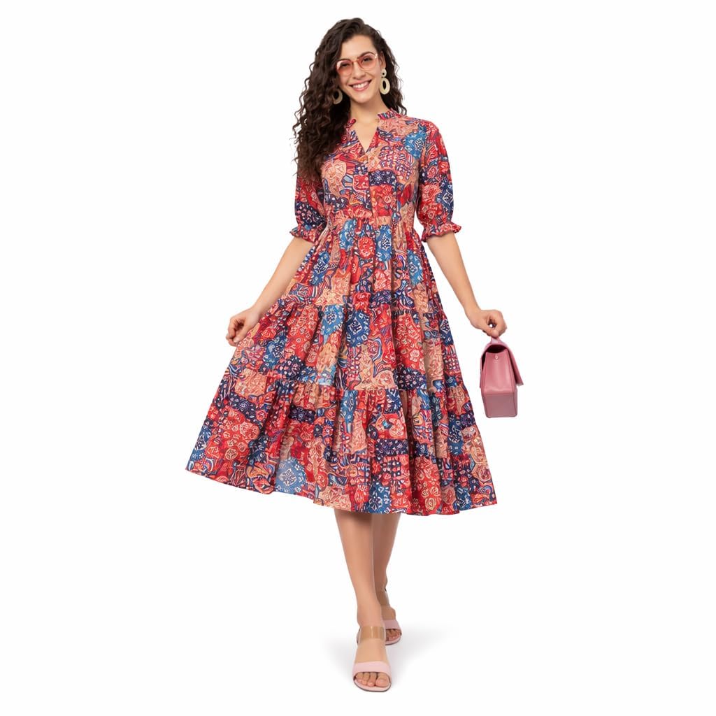 Women Cotton Printed Midi Dress with V Neck & Puff Sleeves | Flared A-Line Casual Summer Dress | Stylish Knee Length One Piece for Daily-image-48