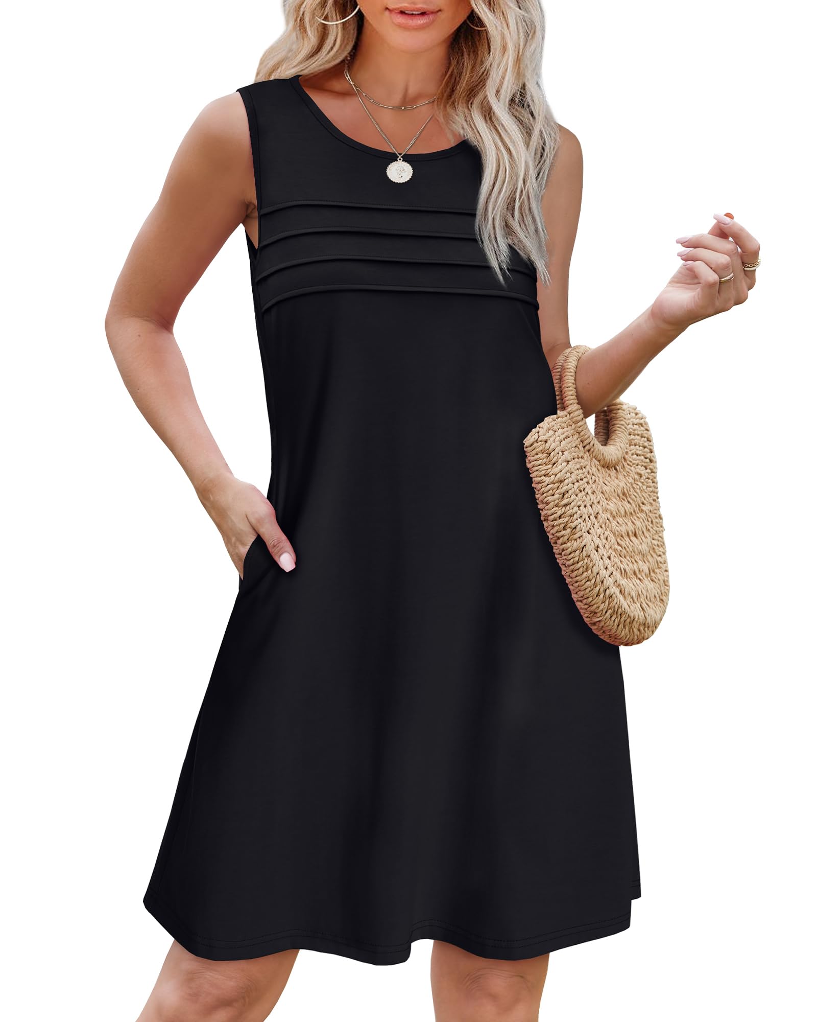 OFEEFAN Womens Pleated Front Tank Dresses Fashion Spring Sleeveless Pockets Sundress Casual Summer