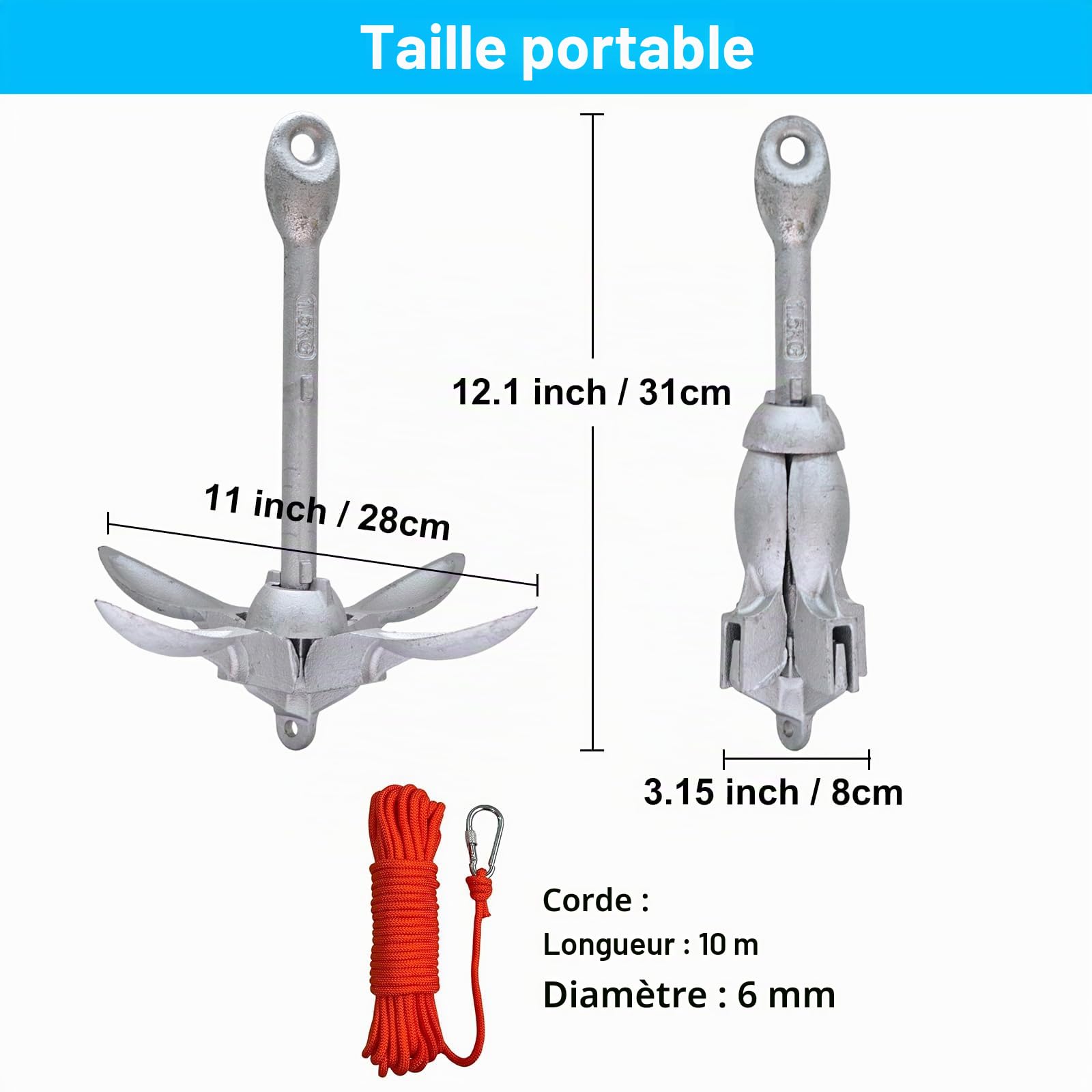 BeGrit Petite Ancre de Bateau kit Pliable Grappin Ancre en Acier Carbone pour canoë Jet Ski Sup & Paddle Board 1,5 Kilogram avec 10 m Ancre Corde de remorquage Sac de Transport
