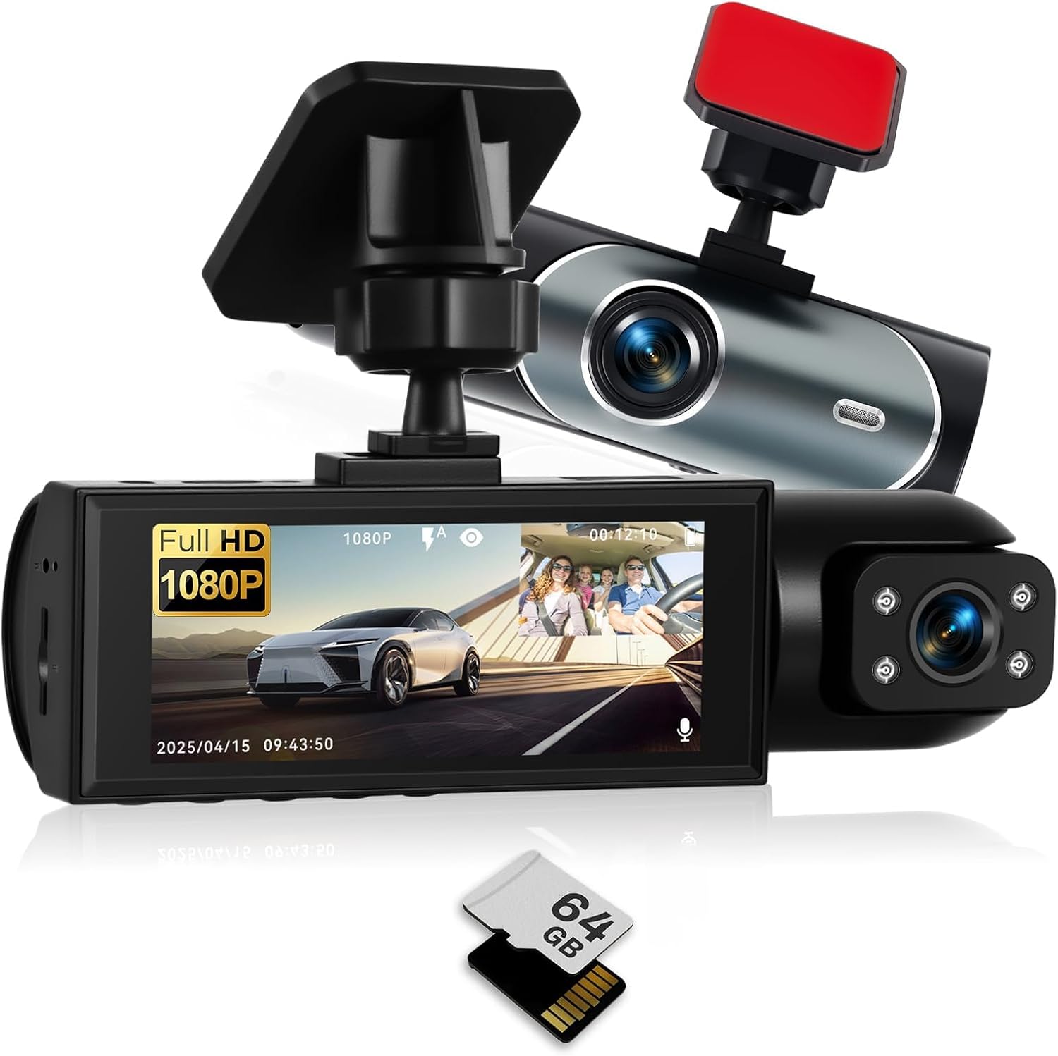 NHOPEEW Cámara Dual para salpicadero con cámara de 1080p - Cámara Frontal para salpicadero de 3,16 Pulgadas con grabación en Bucle, visión Nocturna, detección de Movimiento y Tarjeta TF de 64 GB