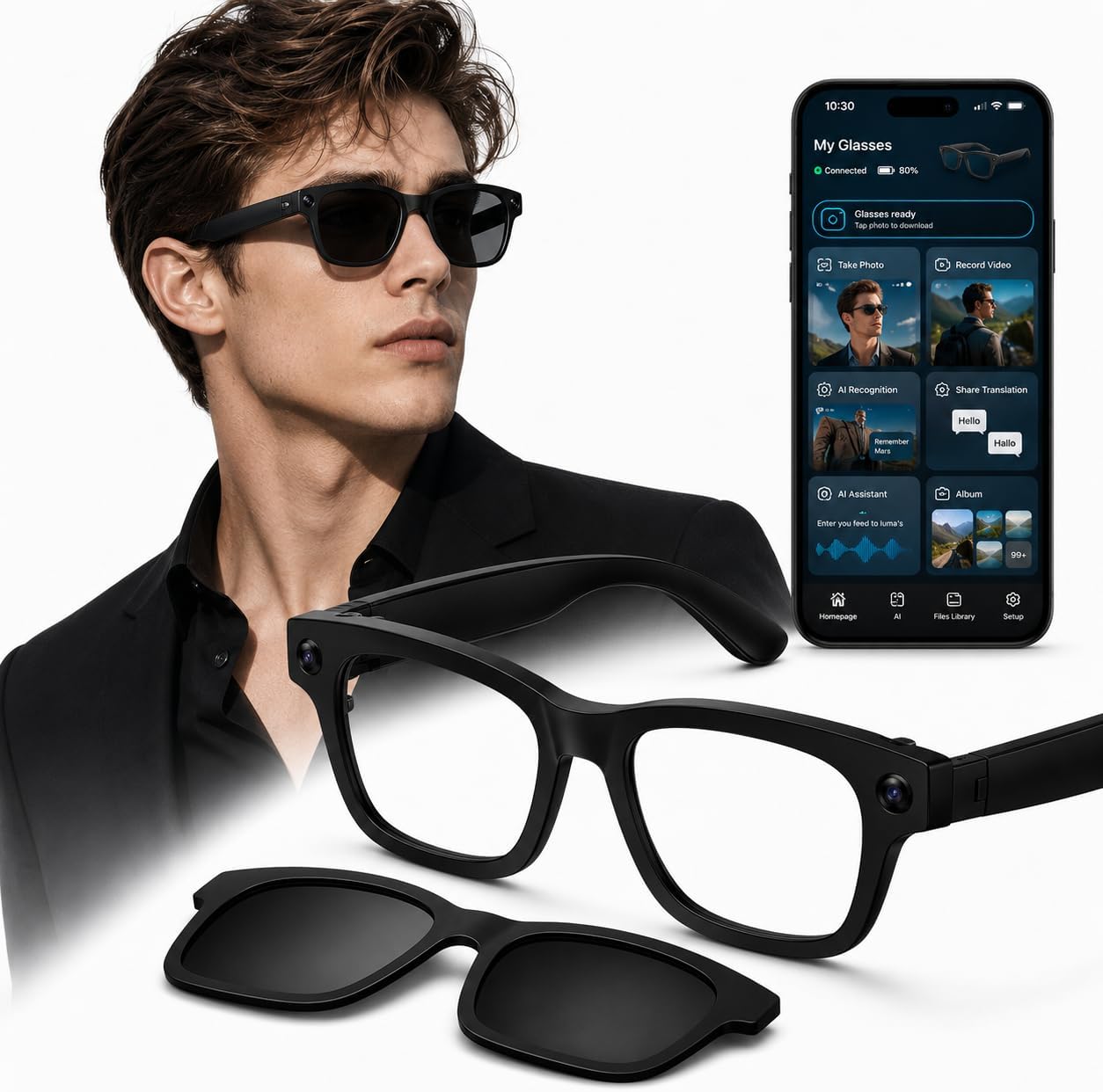 AI Smart Glasses for Work Travel Study, Real-Time Translation, ChatGPT Voice Assistant, HD Camera, Bluetooth Calls&Music, Recording, Replaceable Prescription&Sunglasses Lenses, Teens Men Women Glasses