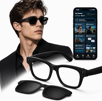 AI Smart Glasses for Work Travel Study, Real-Time Translation, ChatGPT Voice Assistant, HD Camera, Bluetooth Calls&Music, Recording, Replaceable Prescription&Sunglasses Lenses, Teens Men Women Glasses