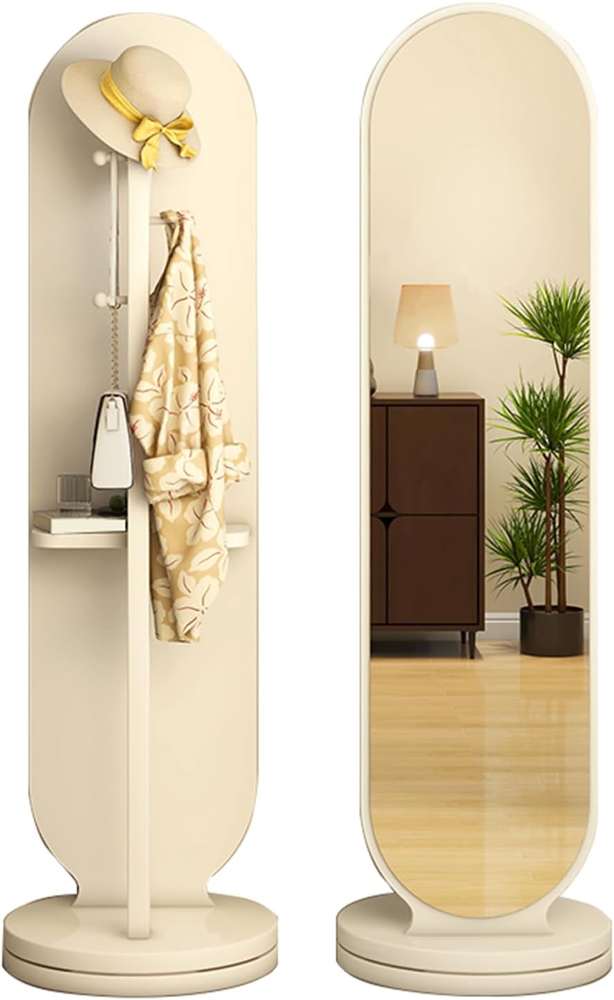 Floor-Standing Solid Wood Rotating Coat Rack，Full Length Mirror with Coat Rack - 2-in-1 Freestanding Floor Mirror with 360° Rotating Base, Hooks & Shelves for Living Room, Bedroom & Hallway