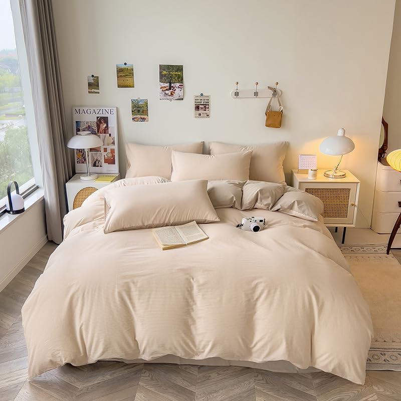 DCSKY Full Size Washed Cotton Duvet Cover Set 3 Piece - 100% Pre-Shrunk Organic Cotton Bedding Set, Ultra Soft Wrinkled Vintage Style with Hidden Zipper (Beige Stripe,80x90 Inches)