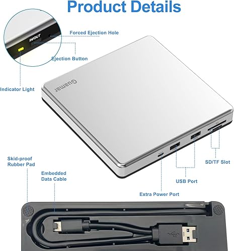 Miniatura 8 de Guamar Unidad de CD externa para Mac: Grabador de DVD delgado portátil para PC portátil Windows con ranura SD/TF 2 puertos USB - Plug & Play USB-C