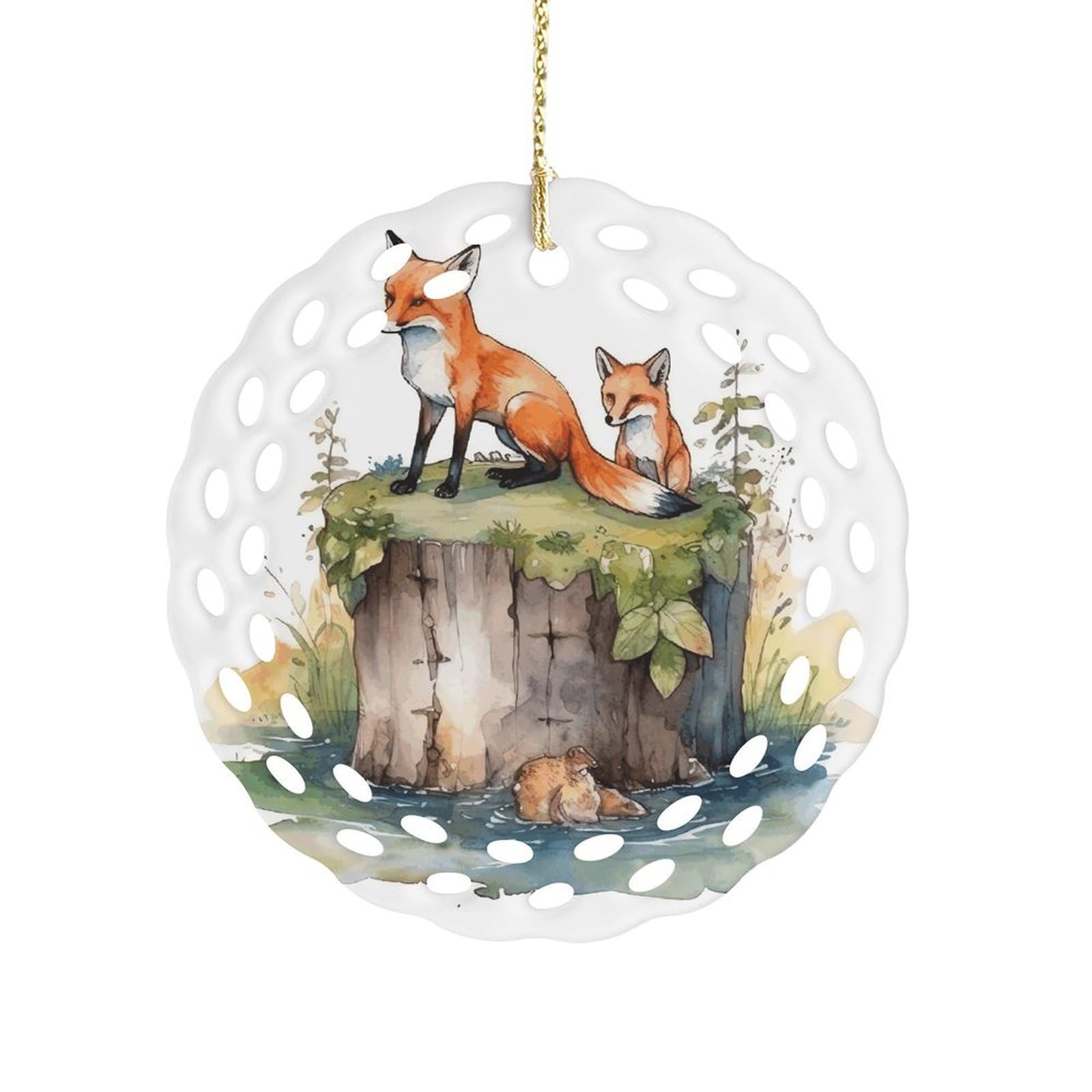 Btcowzrv Style Hand Drawn Fox Ceramic Ornament,Round Ornaments With Hole Easy To Hang,Hanging Ornament For Wedding Party Home Window Garden Christmas Day Decor