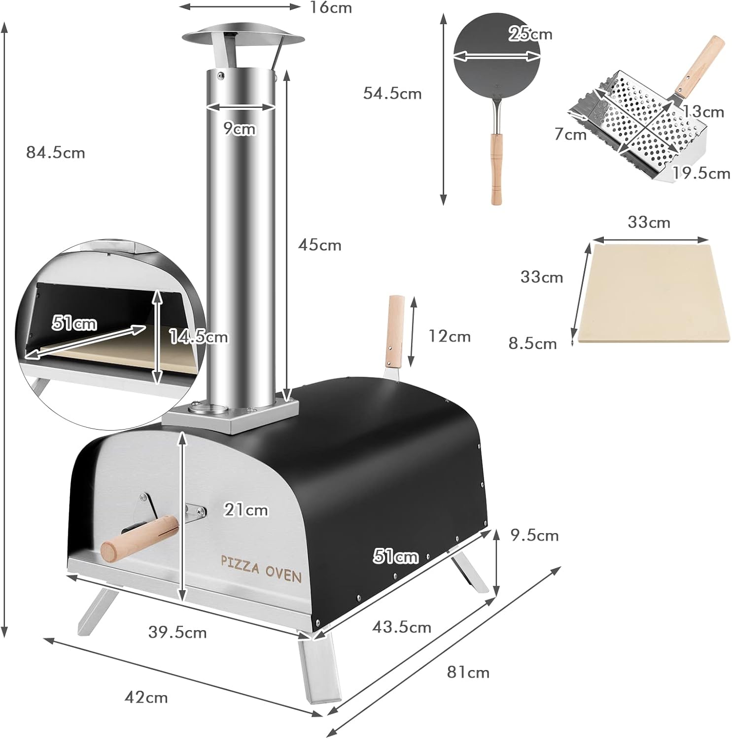 KOMFOTTEU Horno de pizza al aire libre, horno de lea porttil con piedra para pizza, termmetro, horno de pizza de acero inoxidable, horno para pizza, horno para barbacoa, camping