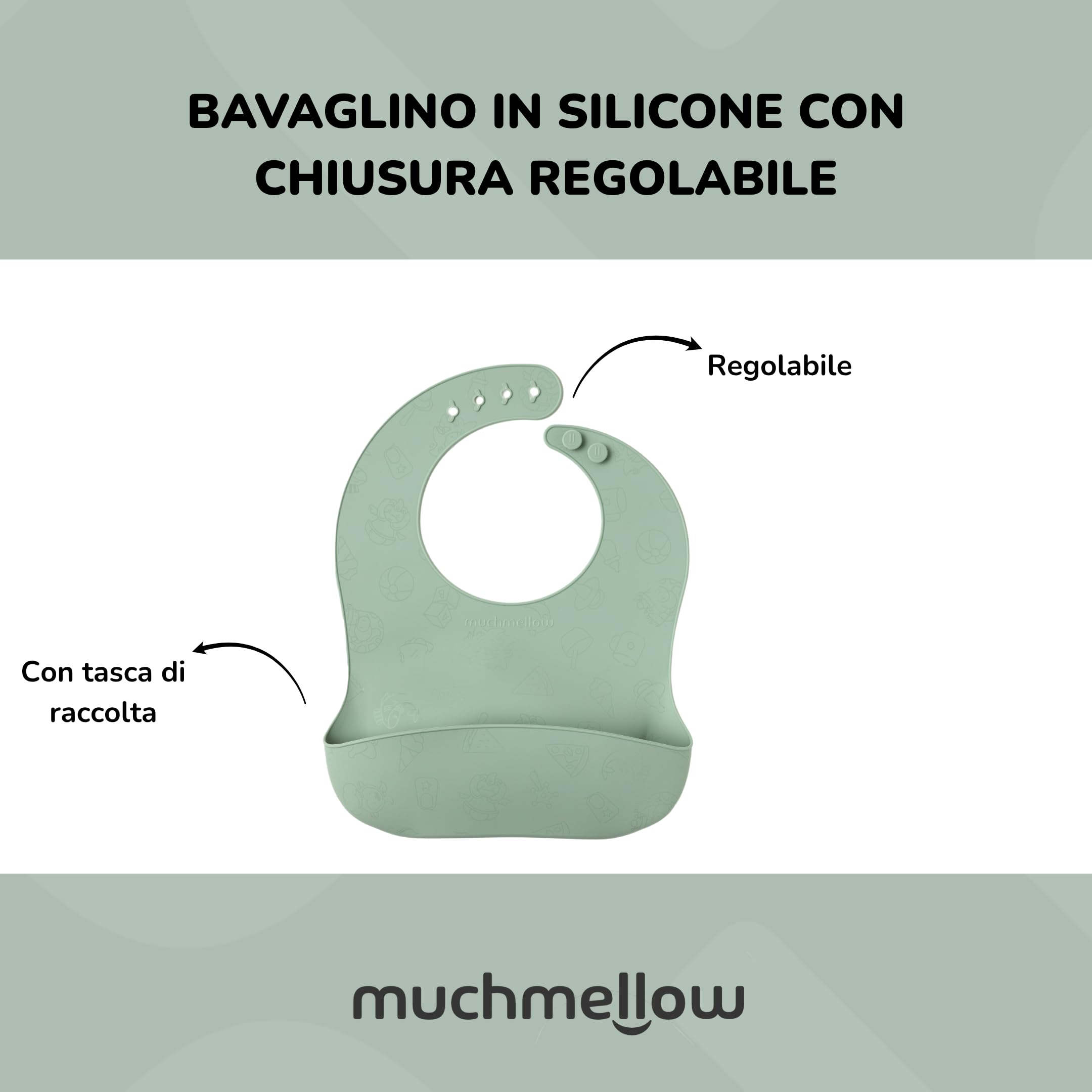 Muchmellow - Set Pappa Silicone MADE IN ITALY 3 pezzi, Ciotola con Ventosa Anticaduta, Cucchiaio, Bavaglino Regolabile, Svezzamento, Plastic Free, BPA Free, Lavabile Lavastoviglie (Verde)