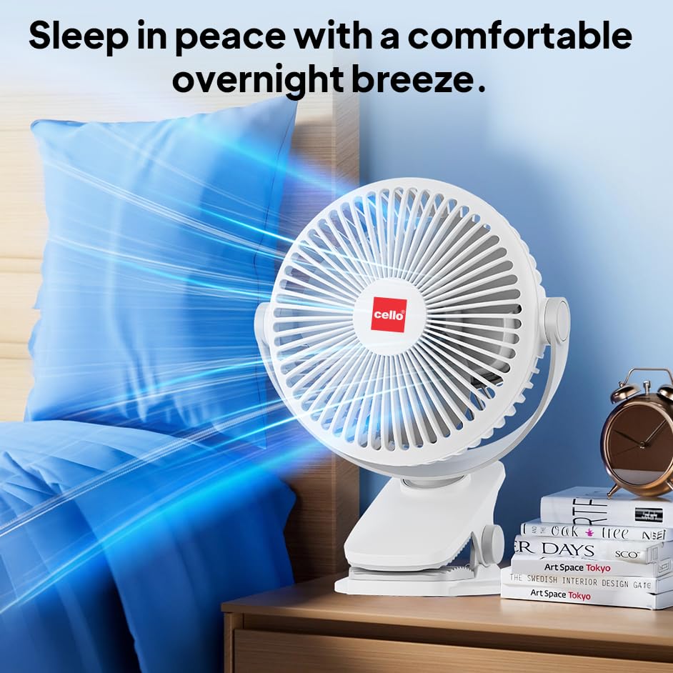 Image of CELLO Air-Vel Electric USB Type C Recharging Portable Fan 1800mah White | Upto 4 Hours Backup, BLDC Silent Motor, 3 Speed Setting, Replaceable Battery | Mini Table Fan For Office Desk, Home & Kitchen