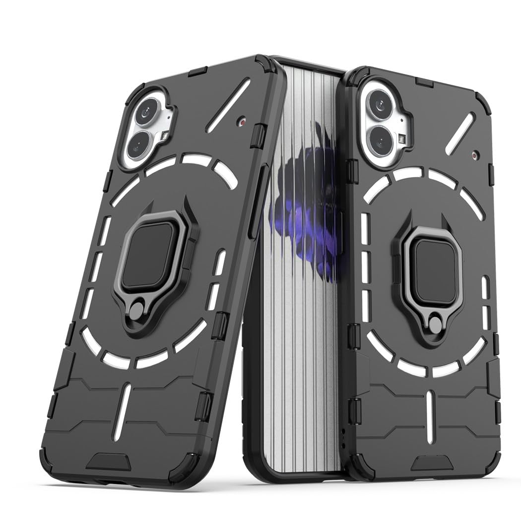 MaiJin Compatible with Nothing Phone 1 Case, Metal Ring Grip Kickstand Bumper (Works with Magnetic Car Mount) Dual Layer Rugged Cover (Black)