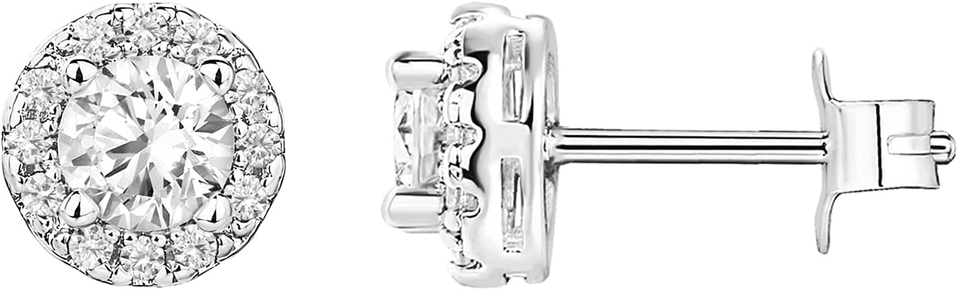 14K Gold Plated 925 Sterling Silver Post Brilliant Round Faux Diamond Halo Earrings - Premium Cubic Zirconia in Rose, White, and Yellow Gold