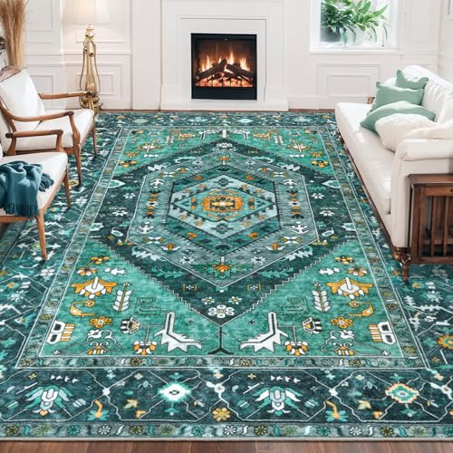 SERISSA Washable 8x10 Area Rugs Teal, Large Non-Slip Boho Living Room Rug, Ultra Soft Print Distressed Vintage Oriental Tribal Farmhouse Carpet for Dining Room Bedroom Dorm Office Home Decor