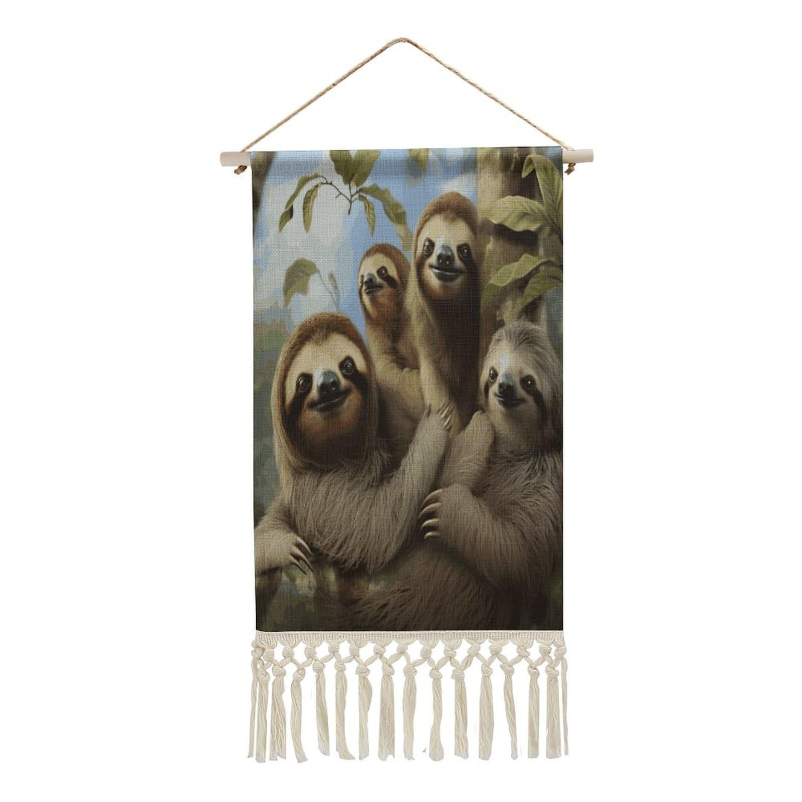 Adfgyerh Style Sloth Family Tapestry With Tassels Cotton And Linen Hanging Posters, Wall Art For Travel Gift, Wall Tapestry For Office Home Decor Bedroom Living Room Decor