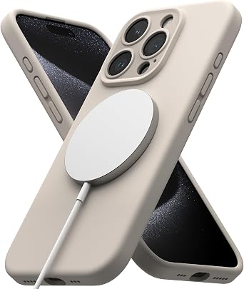 Ringke Silicone Magnetic [Compatible with MagSafe] Designed for iPhone 15 Pro Max Case, Feels Velvety Lightweight Slim Cute Soft Phone Cover for Women, Men - Stone