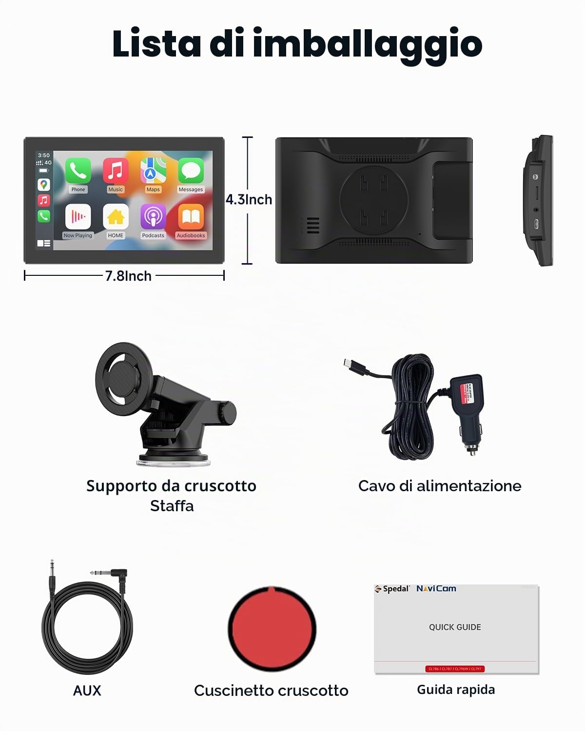 Spedal 7" CarPlay Screen con Android Auto, CL798 Touchscreen Portatile con Modalità Ritratto e Paesaggio, Staffa Magnetica, Navigazione, Collegamento Specchio, Bluetooth, Controllo Vocale