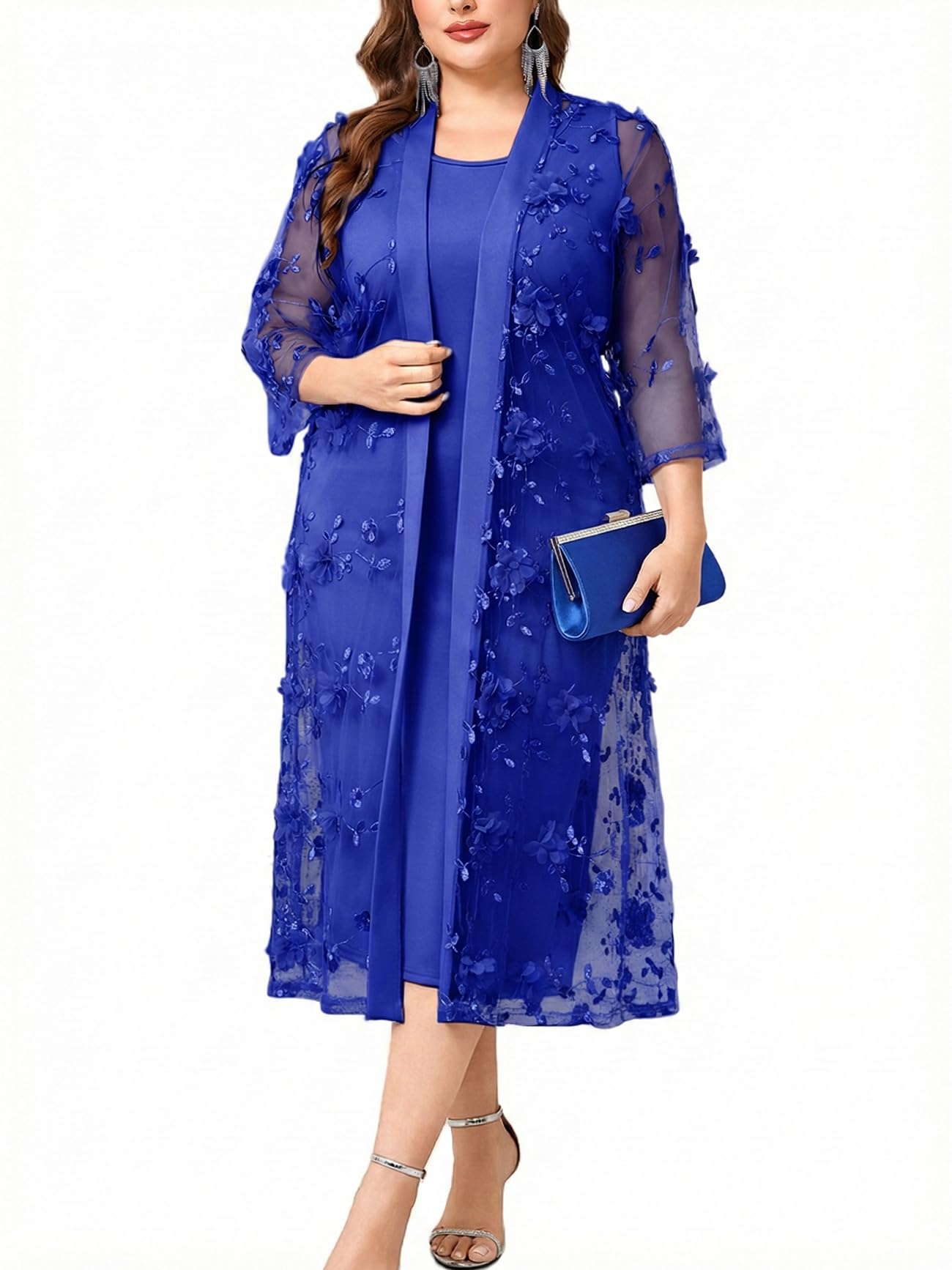 Plus Size Mother of The Bride Formal 2 Piece Dress Set with 3D Floral Mesh Jacket Dressy Suit Outfits Guest