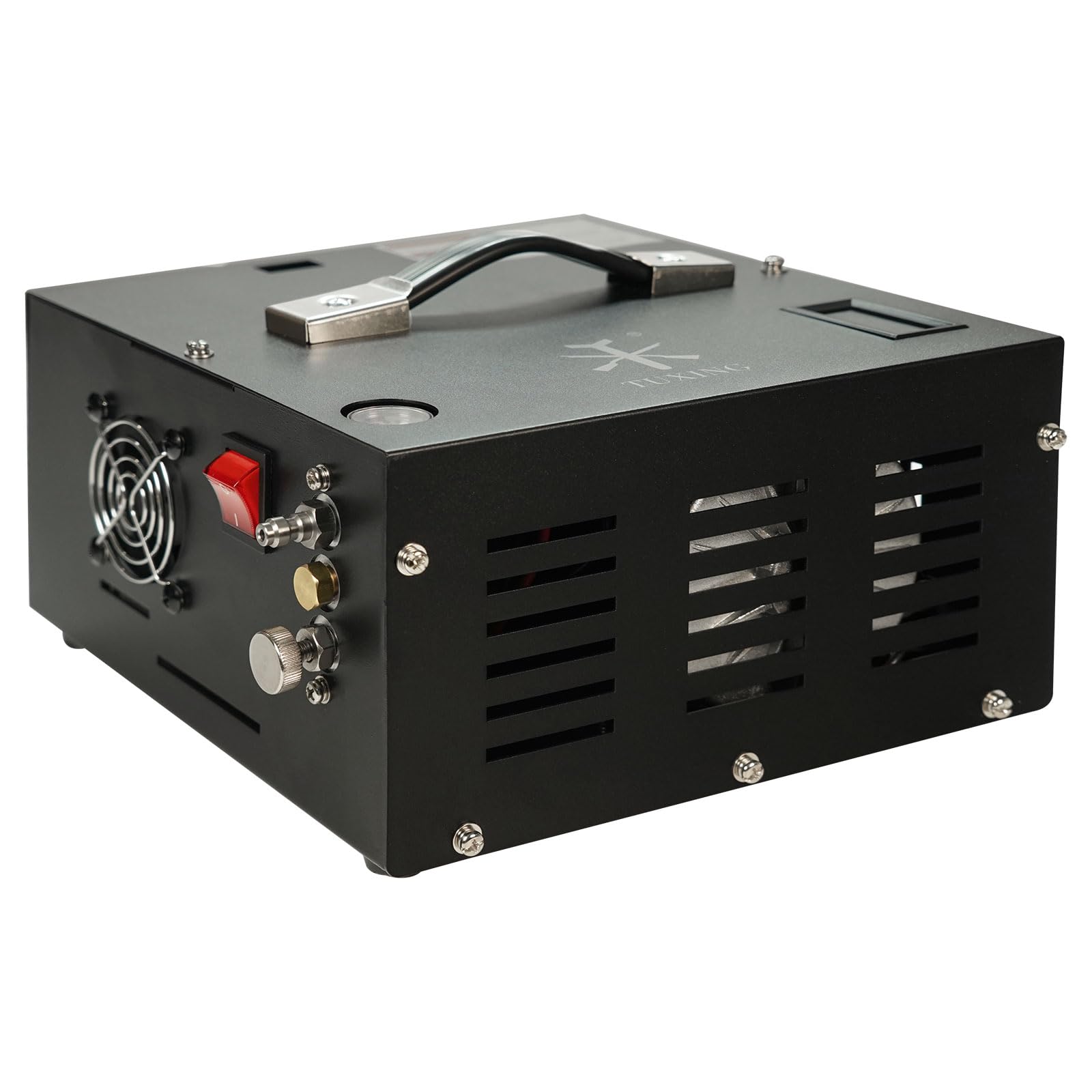 TUXING Compresseur d'air PCP 4500Psi, Compresseur d'air ajustable haute pression alimenté par voiture 12V DC ou maison 220V AC avec adaptateur (inclus), Pompe pour Scuba Tank