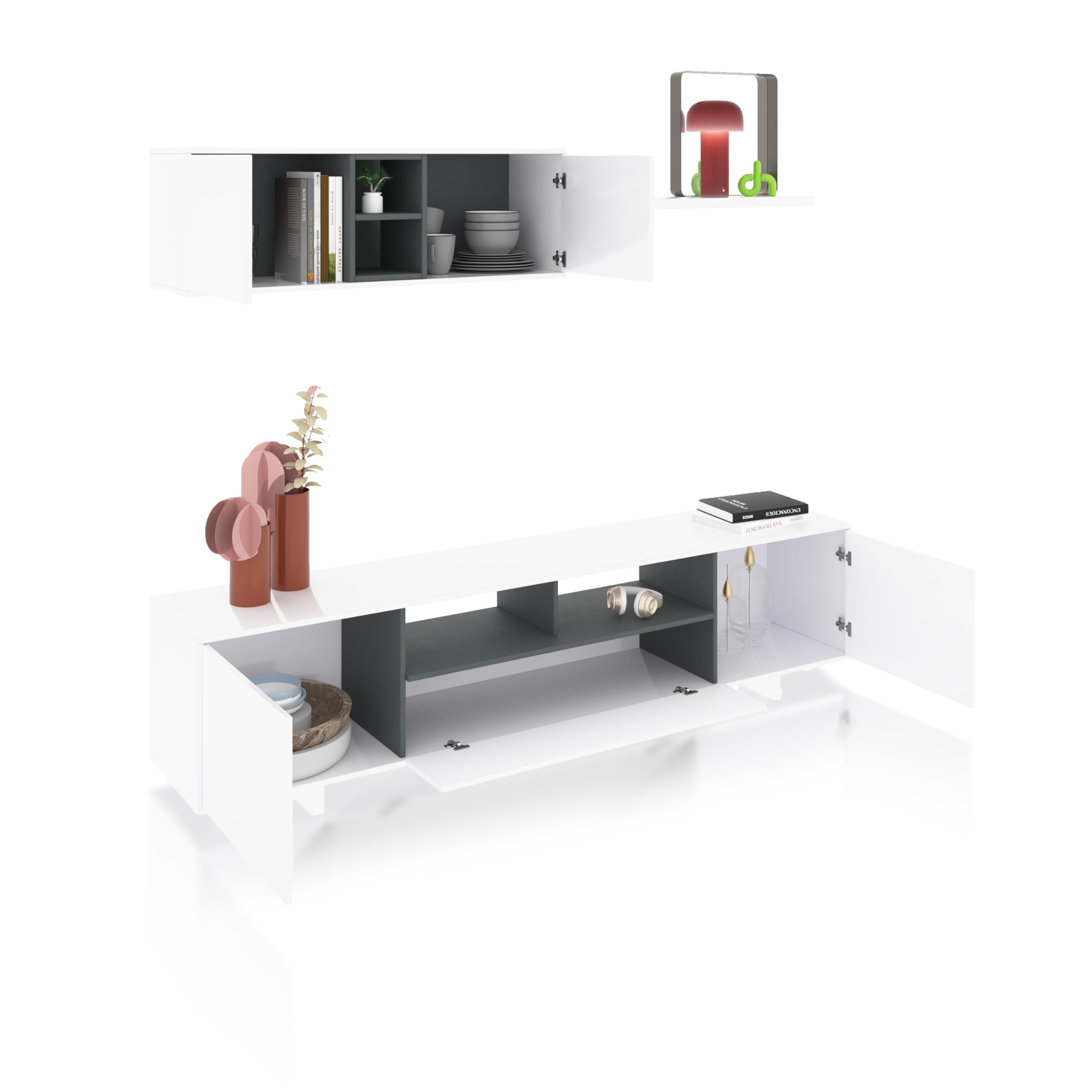 duehome | Mueble de Salon Moderno, Modulos Comedor, Modelo Kenzo, Acabado en Blanco Brillo y Gris Antracita, Medidas: 200 cm (Ancho) x 41 cm (Fondo) x 46 cm (Alto)