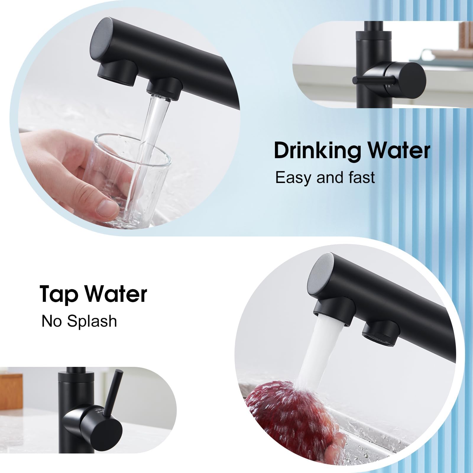 CREA 3 Way Kitchen Tap, 360 ° Swivel, Sink Mixer Tap with Water Filter Connector, Single Handle Triflow Kitchen Tap, Matte Black - Image 2