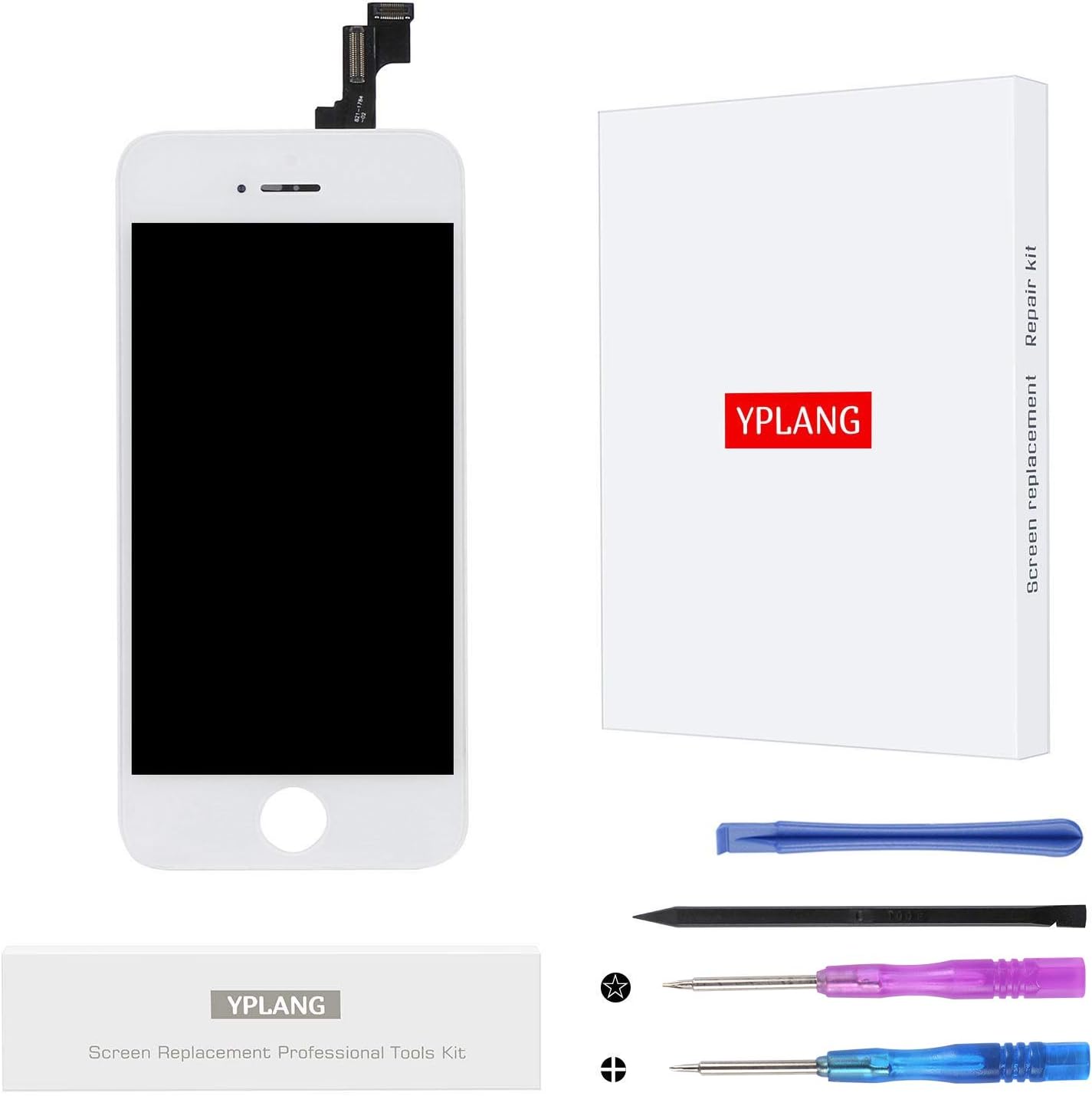 YPLANG Screen Replacement Compatible for iPhone SE 5S Screen Replacement LCD Display Digitizer Frame Assembly Full Repair Kit, with Repair Tools and Flowchart (White)
