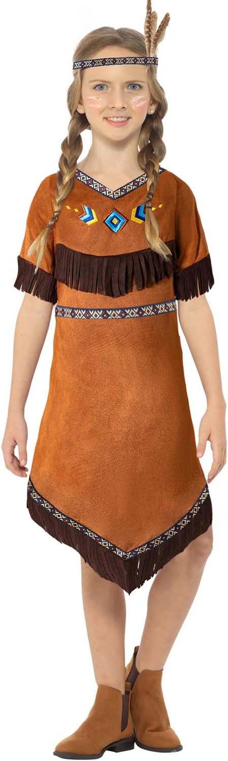 Okbebe Native American Dress Up Girls Kids Indigenous American Indians Dress Brown 4-5Y