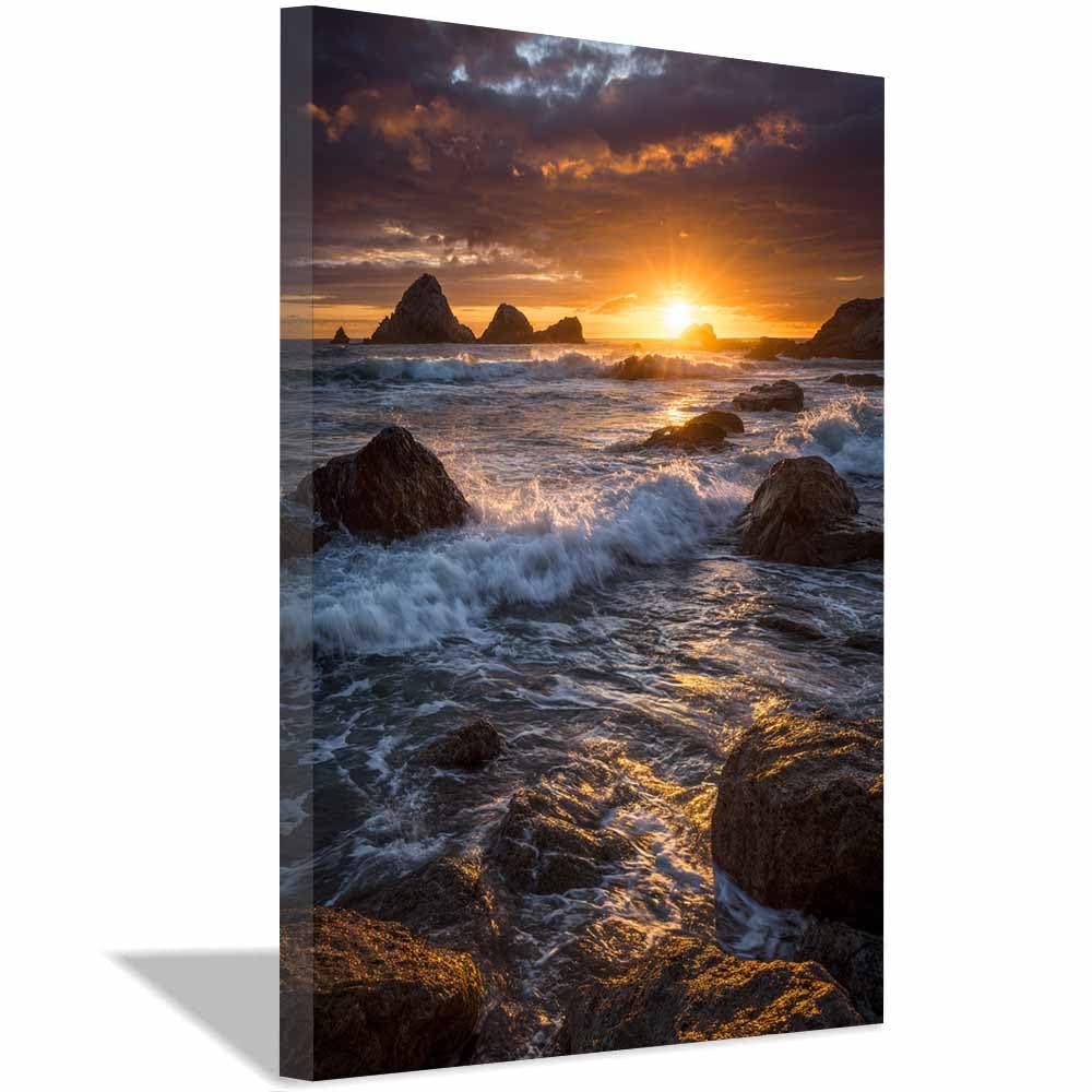 HOQIU Wall art for home decor Rockys Shore Sunset canvas artwork for wall, art prints, For living room, bedroom, bathroom, dining room, painting and decor.(Multicolor)-70x100cm Framed