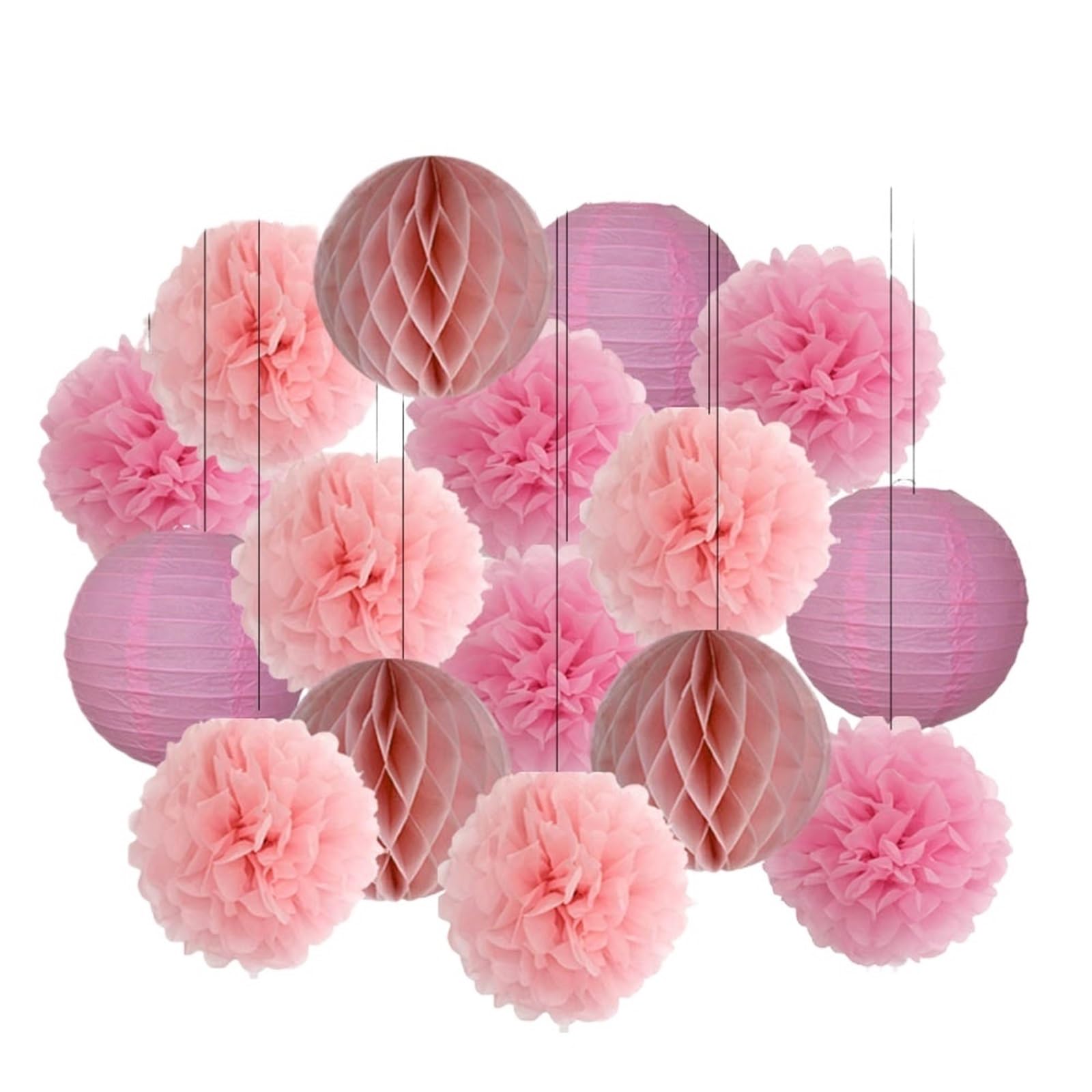 Paper Lanterns Boy Girl Birthday Party Favor Yellow Set Folding Round Paper Lantern Wedding Baptism Decor DIY Tissue Pompom(Pink Set,8inch(20cm))