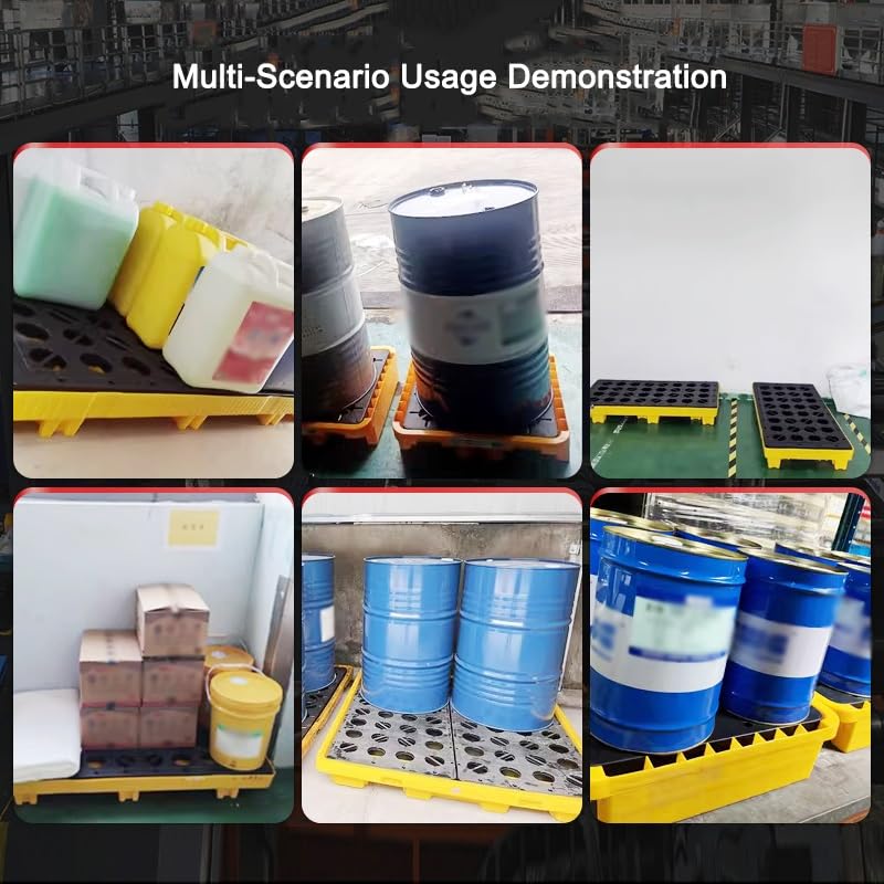 Générique Bac de rétention empilable pour fûts d'huile et seaux de Peinture - Bac de rétention modulaire avec Drain, Solution de Stockage Industriel pour Garage, Jaune (2 pièces, 130 x 68 x 30 cm)