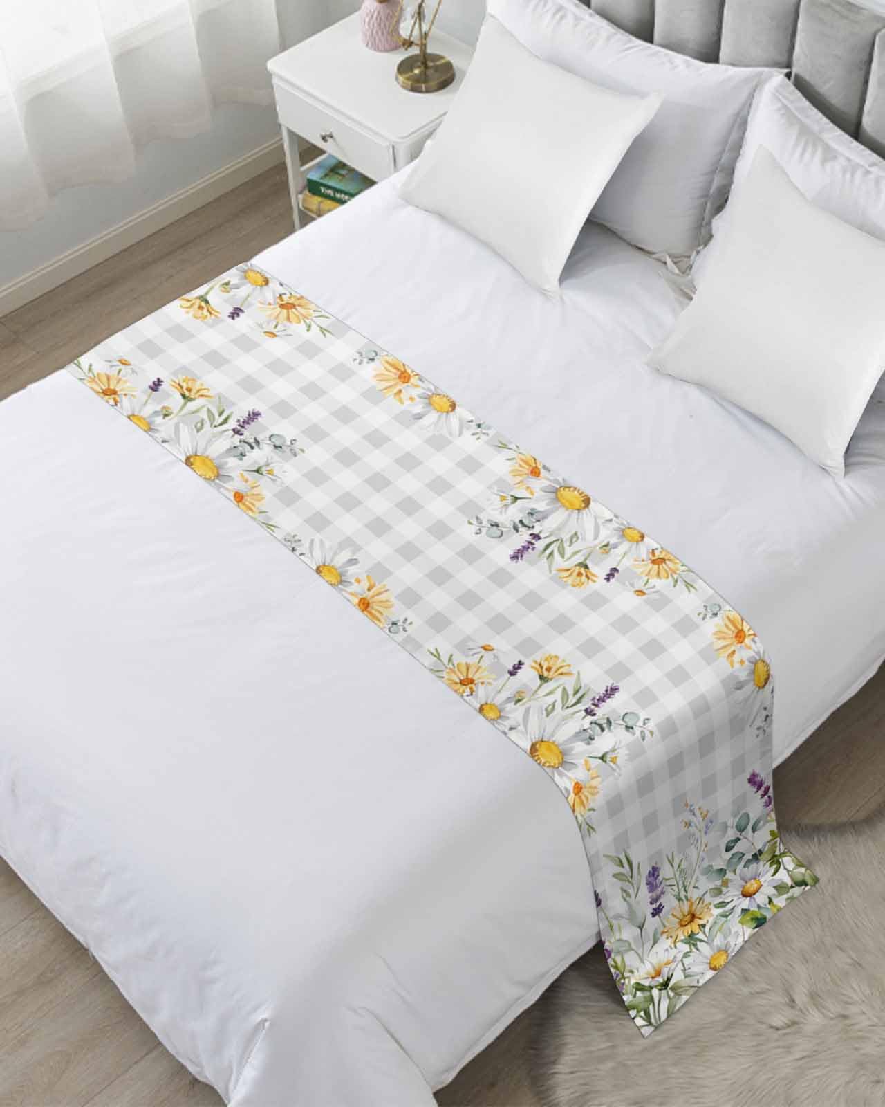 Twin Bed Runner Daisy Watercolor Blossom Floral Bedding Runner Scarves Decorative Bed Scarf, Grey Buffalo Plaid Check Soft Bedding Scarf for Bedroom Hotel Wedding 83x20in