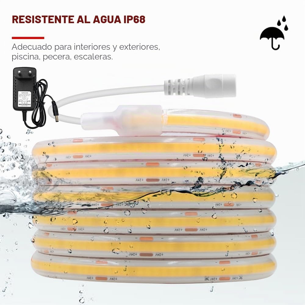 KISUFU Tira LED COB 24V 320 LEDs/M DC Tira de luces LED Ip68 impermeable Superbrillante luces de cinta LED con Fuente de alimentación para Interior y exterior Decoración del Hogar