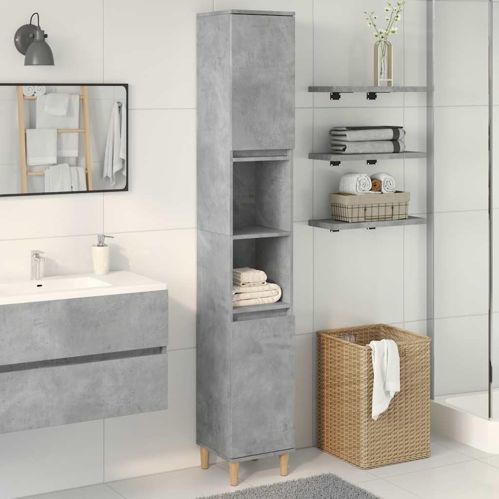 Armadietto da bagno grigio cemento, 30 x 30 x 190 cm, in legno con 6 scomparti e 2 ante, gambe in legno massiccio di eucalipto, spazio per bagno, WC degli ospiti, mobiletto sottolavabo