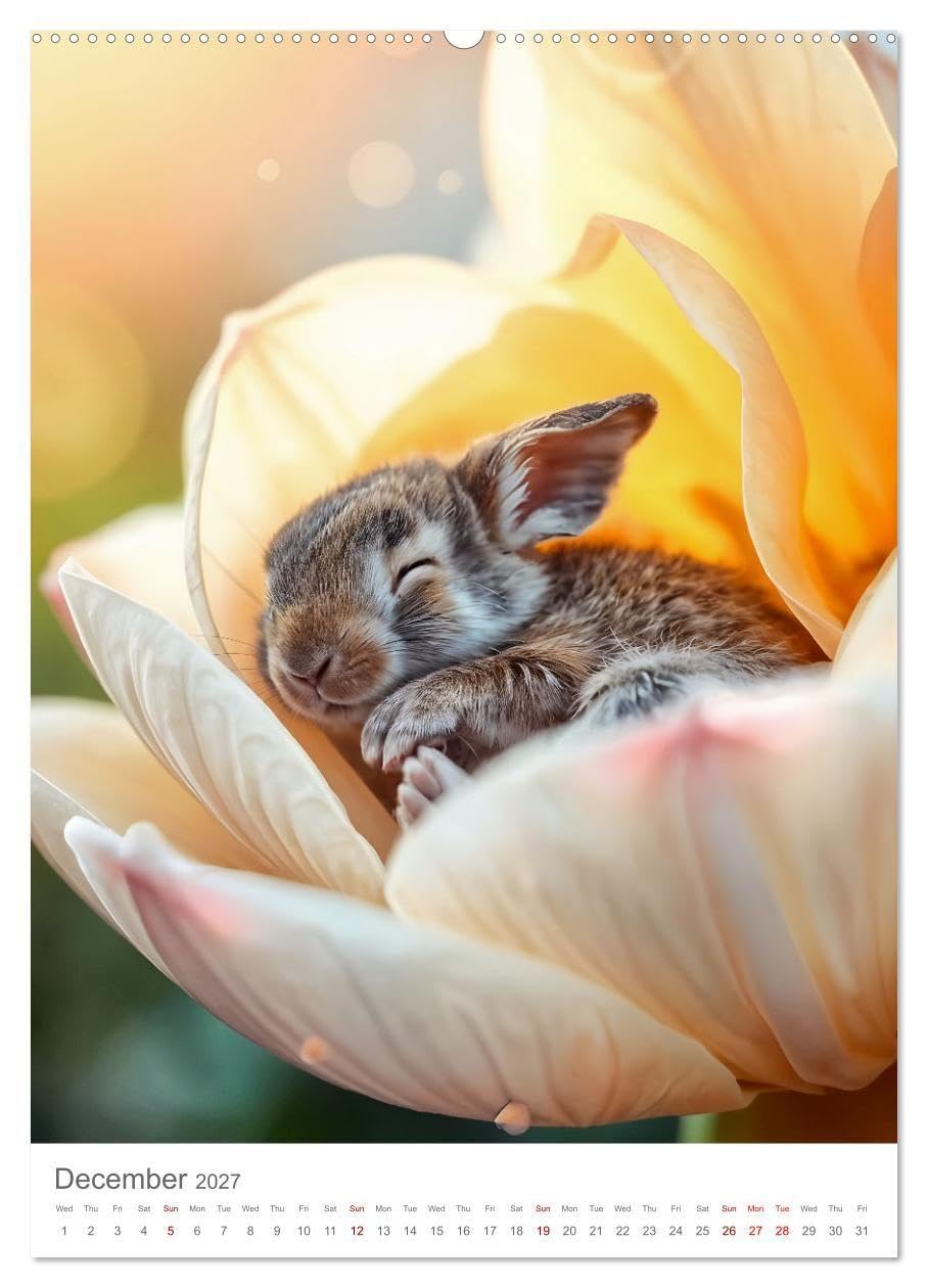 Forest babies asleep in flowers (High Quality Premium Wall Calendar 2027 DIN A2 portrait),CALVENDO 12 Month Wall Calendar: Baby forest animals dream in calyxes