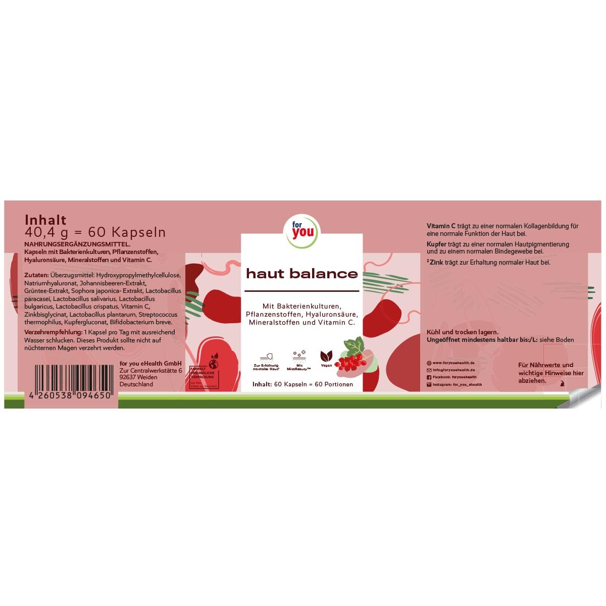 for you haut balance – 120 Kapseln mit MitoBeauty®, Hyaluronsäure, Pflanzenstoffen, Mineralstoffen und Vitamin C – mit Kupfer und Zink – vegan