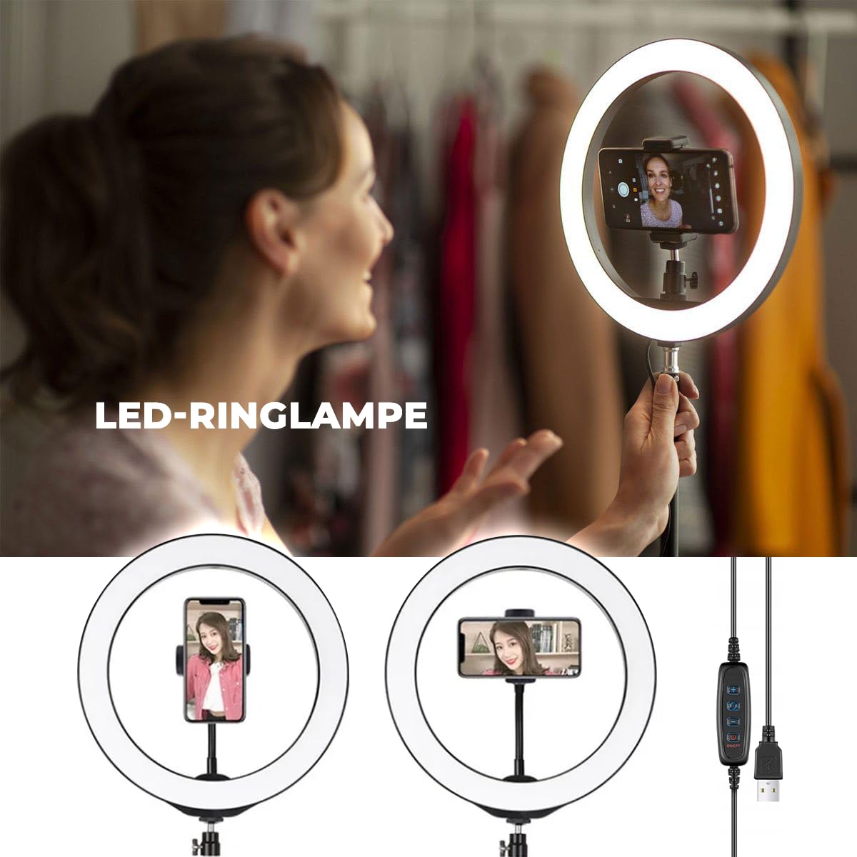 Lampa pierścieniowa LED ze statywem, 30 cm, 220 cm, pilot zdalnego sterowania, zasilanie USB, 3 tryby świecenia, 10 poziomów jasności, 80 W do makijażu, streamingu, selfie