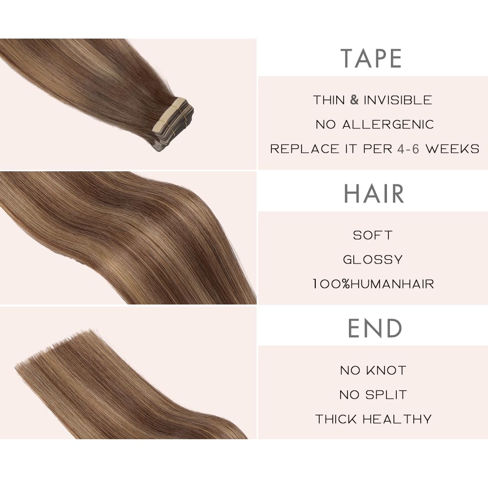 YDDM Tape Extensions Echthaar Goldbraun 40pcs 50cm 100g Schokoladenbraun mit Karamellblond Remy Invisible Tape in Extensions Echthaar Seidig Gerade Tapes Ins Haarverlängerung(20Zoll,4/4/27#)