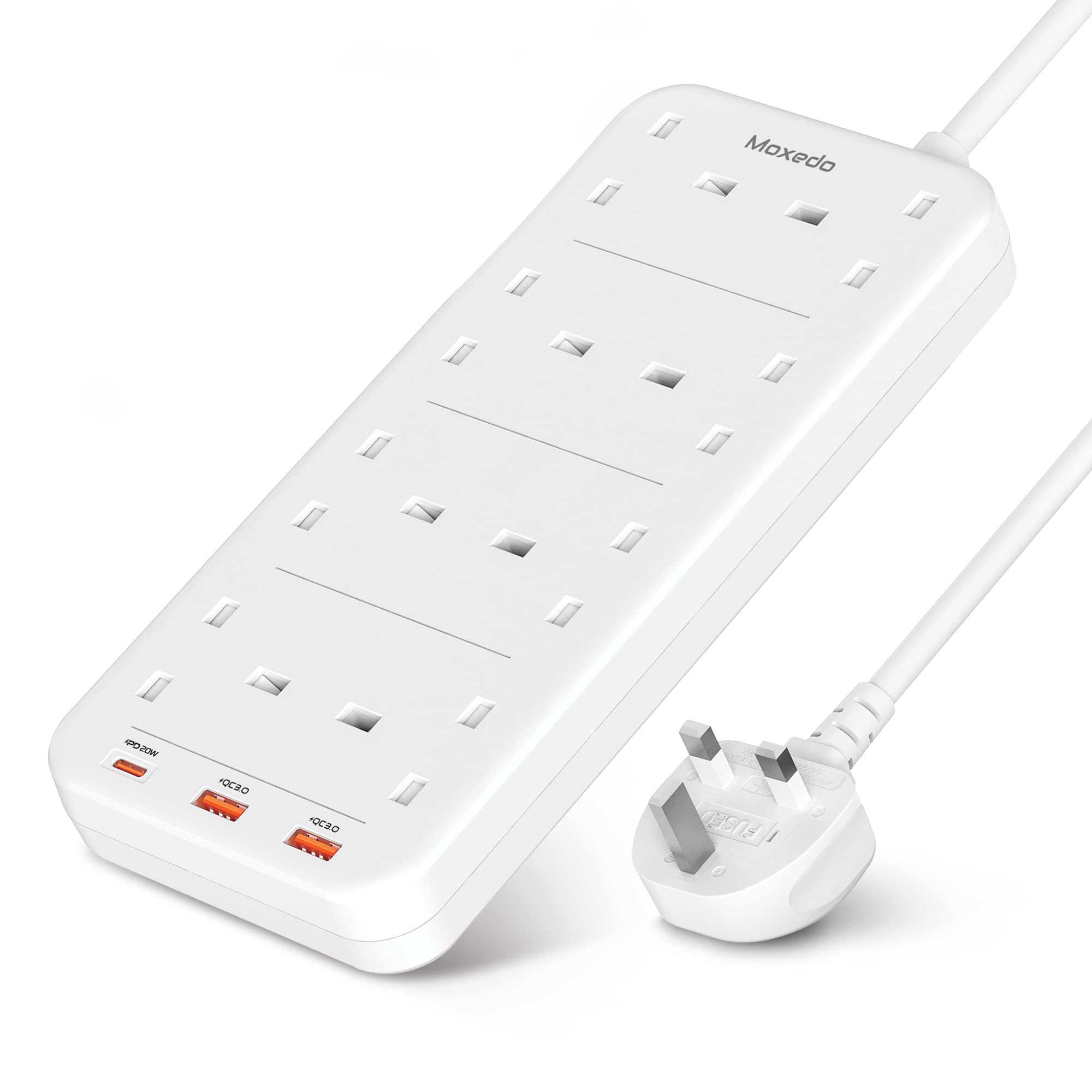 MoxedoUniversal Power Extention 20W 11 Sockets Power Strip, 1 USB-C + 2 USB-A + 8 AC Ports, Fast Charging Surge Protector extention socket with 2M Cable Cord - 2024 Updated