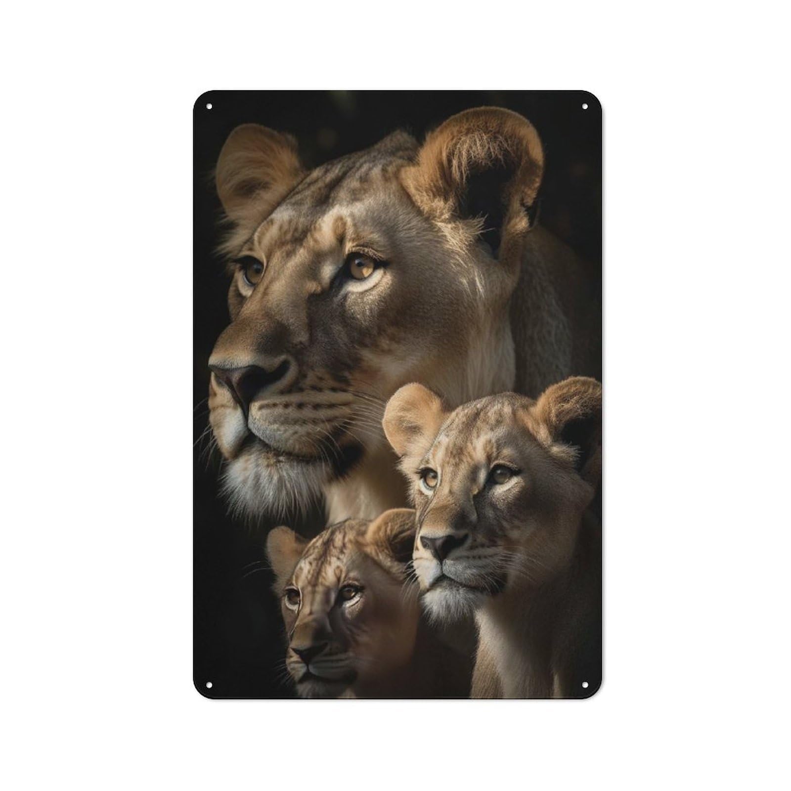Understated Lioness With Cubs Portrait Metal Wall Plaque 30x20cm, Creative Space Decor for Office, Study, Studio Or Hallway