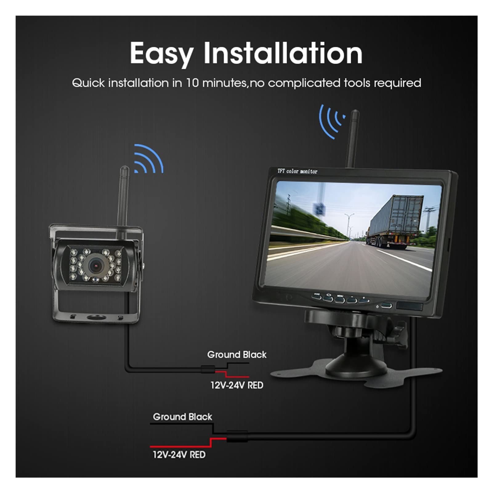 GPS pour Voiture, 7 inch Wireless Car Monitor Screen 18 Infrared Lights Night Vision Reverse Vehicle Reversing Camera for Truck RV(Kit with 2 Cameras)