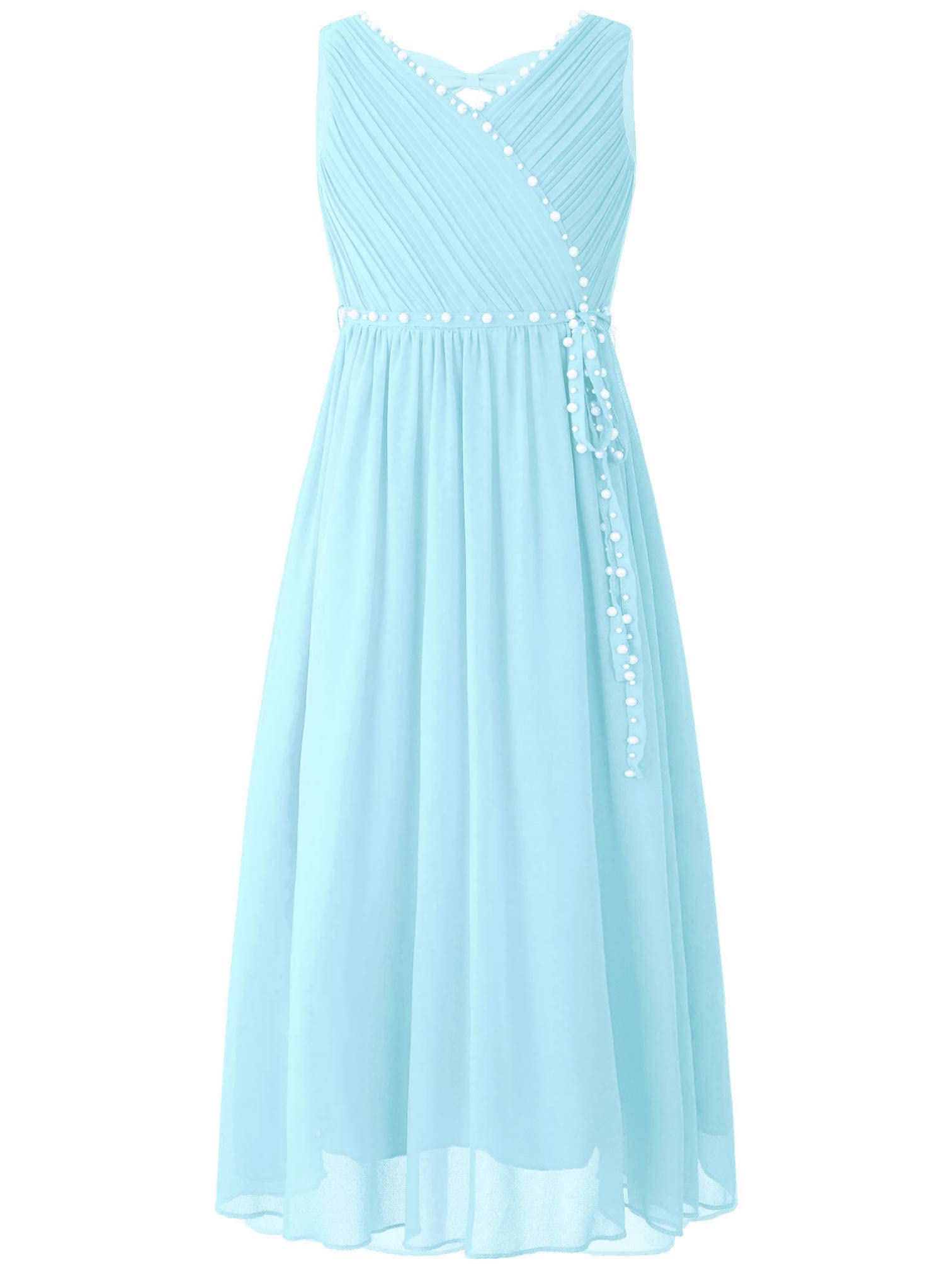 MSemis Vestido Niña sin Manga Vestido Elegante de Gasa Plisada con Cuello en V Vestido Princesa de Gala Dama de Honor Boda de Noche Flores Niña 3-14 Años