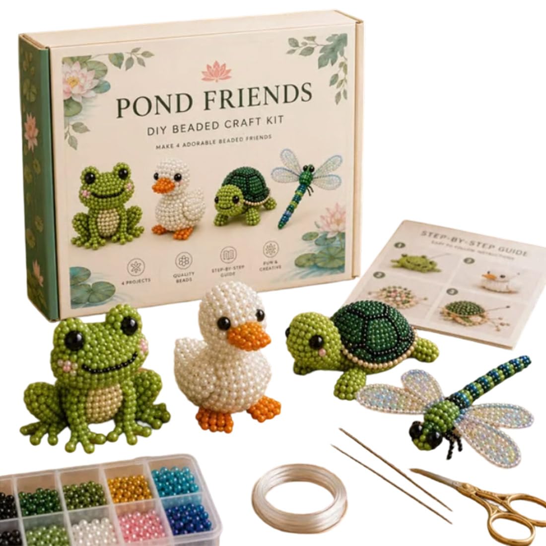 MetaHrystynx 3D Beaded Creature Craft Kit, DIY Animals Beading Set, Fun Handmade Embroidery Bead Set, Creative Animals Jewelry Art Craft Kits for Adults with Instructions (Pond Friends Set)