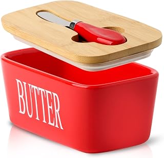 Hasense Butter Dish with Lid and Knife For Countertop, Large Butter Keeper Container with Stainless Steel Knife Spreader for Counter, Airtight Butter Holder with Cover for Kitchen, Christmas gift, Red